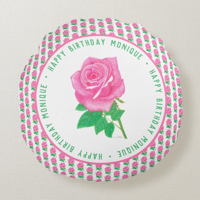 Almohada redonda de cumpleaños de rosa rosa (Anverso)
