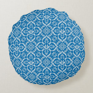 Almohada redonda de Damasco azul y blanco deslumbr