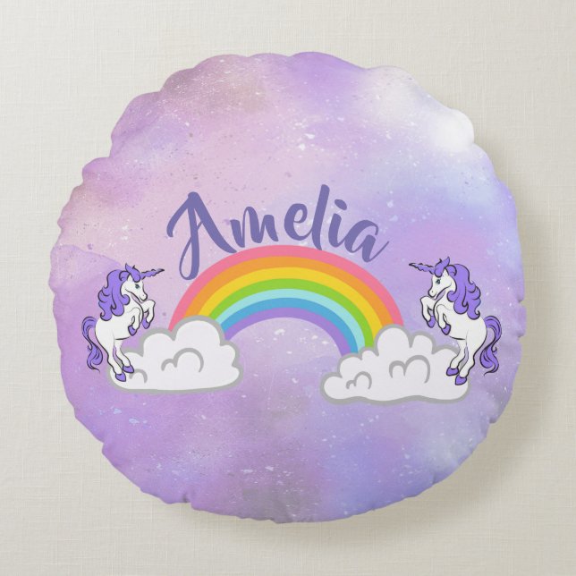 Almohada redonda de diseño de arcoiris y Unicornio (Anverso)