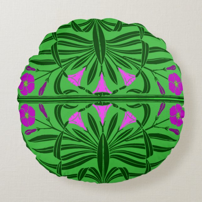 Almohada redonda de estilo Art Nouveau verde y ros (Anverso)
