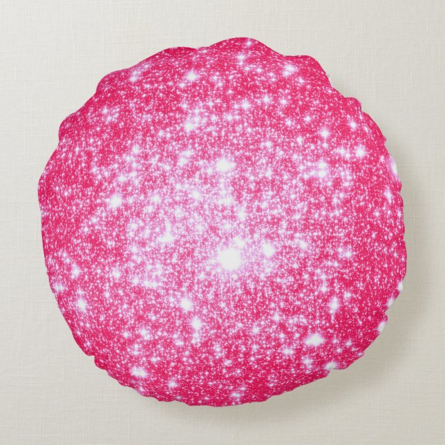 Almohada Redonda de Estrellas Brillantes Rosadas (Reverso)