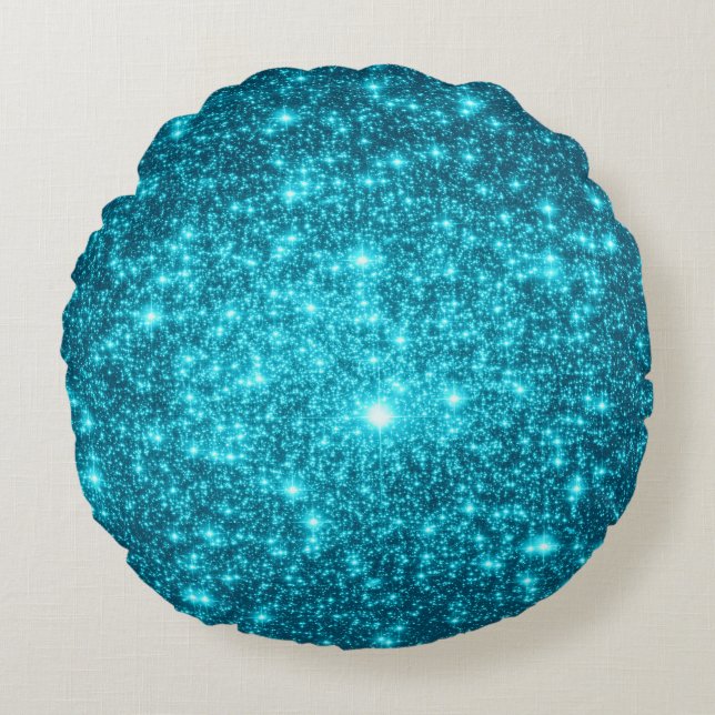 Almohada Redonda de Estrellas Brillantes Turquesa  (Anverso)
