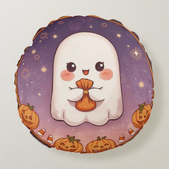 Almohada Redonda de Fantasma Kawaii  (Anverso)