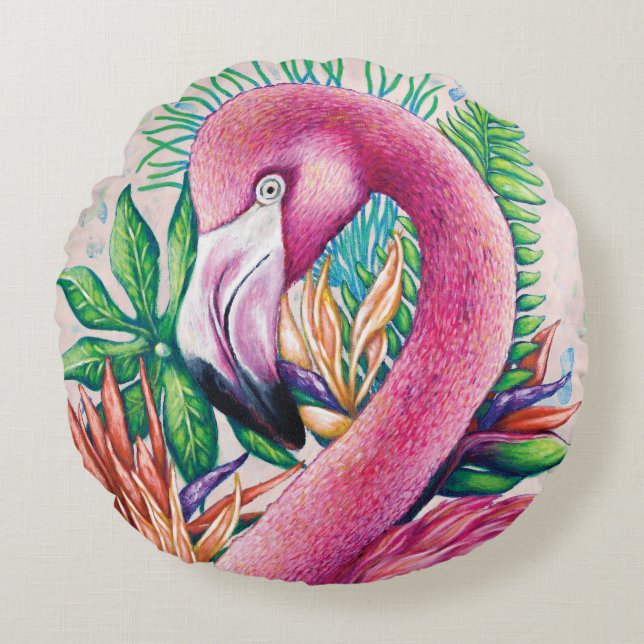 Almohada Redonda de Flamenco Rosa Tropical Lindo (Anverso)
