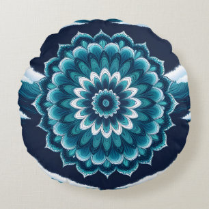 Almohada Redonda de Flor de Mandala Azul Turquesa 
