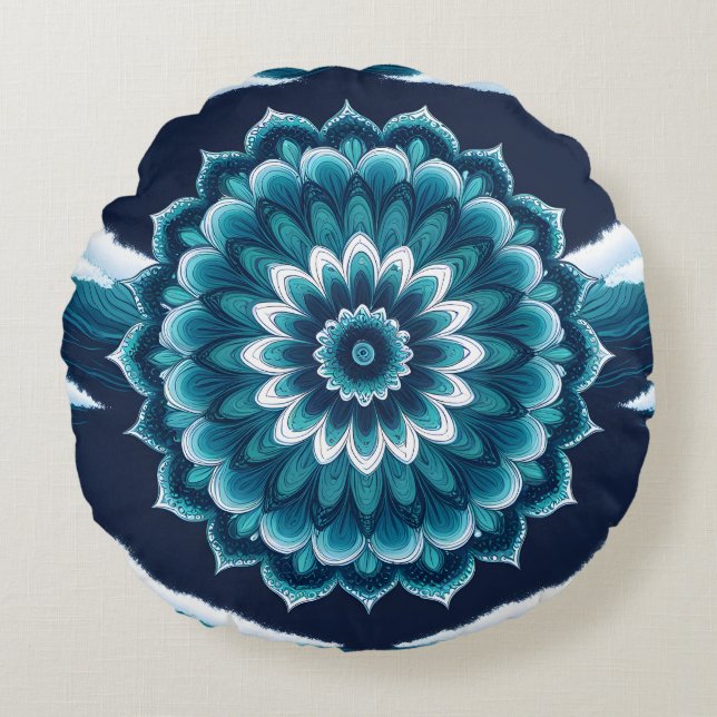Almohada Redonda de Flor de Mandala Azul Turquesa  (Anverso)