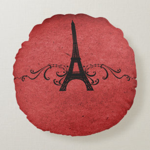 Almohada redonda de flor rojo vintage francés