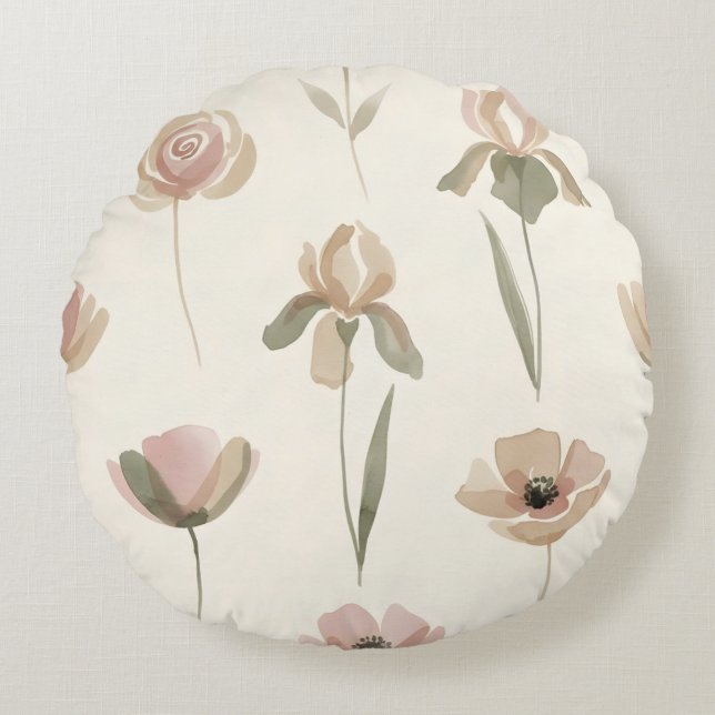 Almohada Redonda de Flores Acuarela Suave (Anverso)