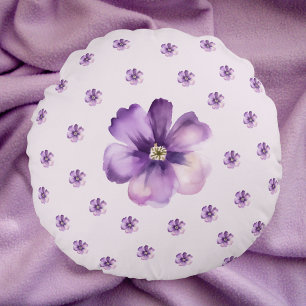 Almohada Redonda de Flores de Acuarela Púrpura