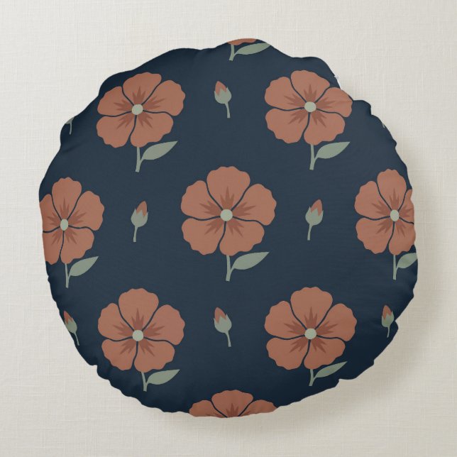 Almohada Redonda de Flores de Terracota y Azul Mar (Reverso)
