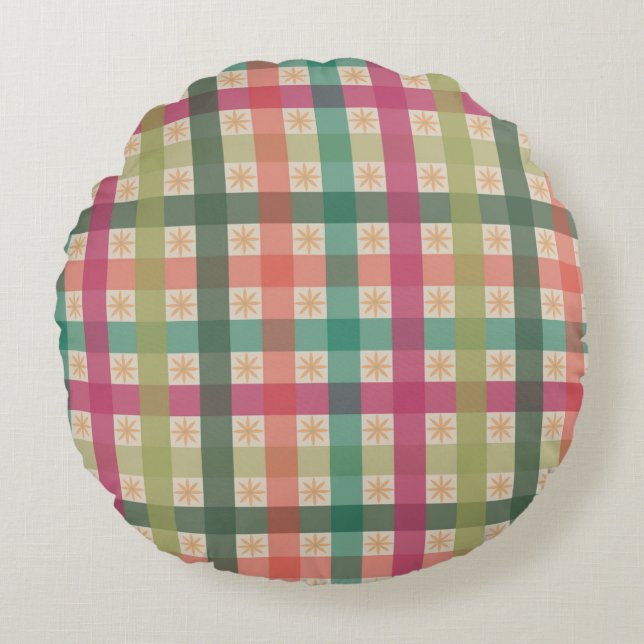 Almohada redonda de flores geométricas y gingham (Anverso)