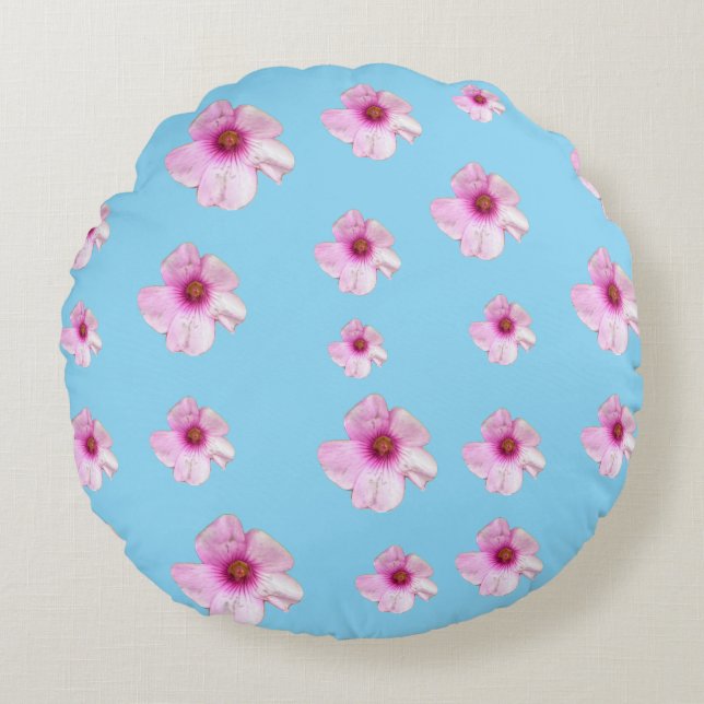 Almohada redonda de flores rosadas y azul claro (Anverso)