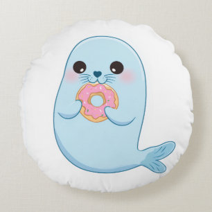 Almohada redonda de foca azul linda con donut
