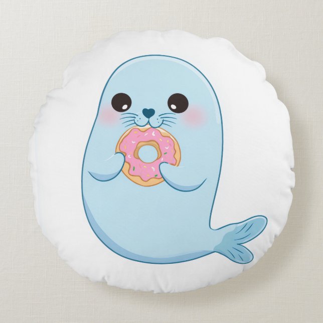 Almohada redonda de foca azul linda con donut  (Anverso)