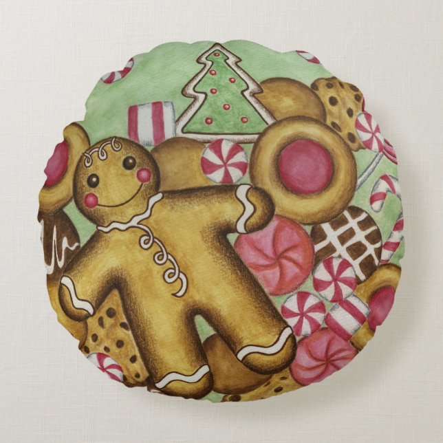 Almohada Redonda de Galletas de Caramelo de Navida (Anverso)