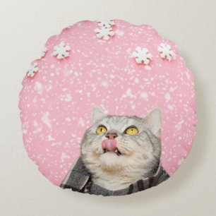 Almohada redonda de gato con copos de nieve