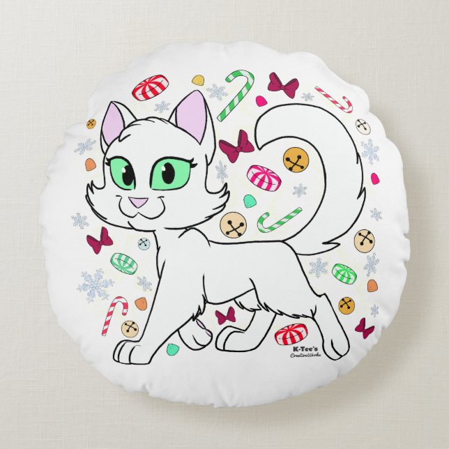 Almohada Redonda de Gato de Navidad (Blanco) (Anverso)