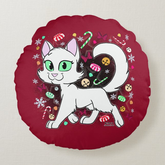 Almohada Redonda de Gato de Navidad (Rojo) (Anverso)