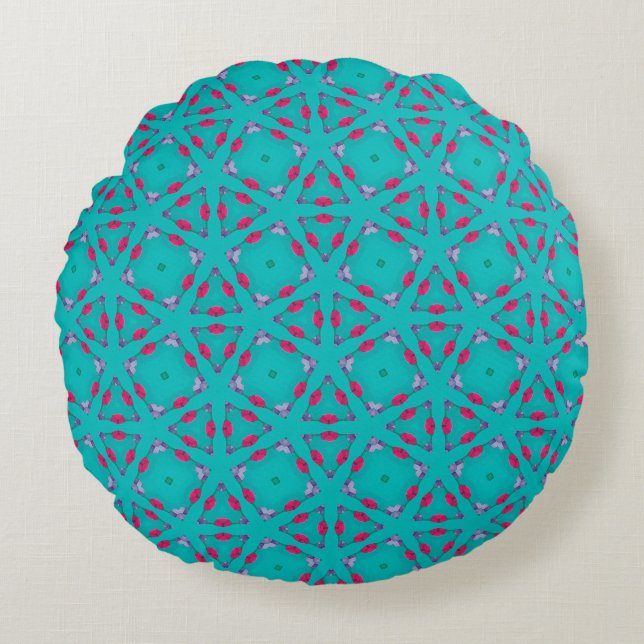 Almohada Redonda de Geometría Retro Rosa Turquesa (Anverso)