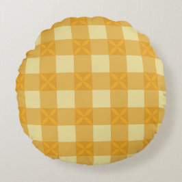 Almohada redonda de gingham amarillo y pétalos ama