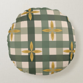 Almohada redonda de gingham verde y hojas