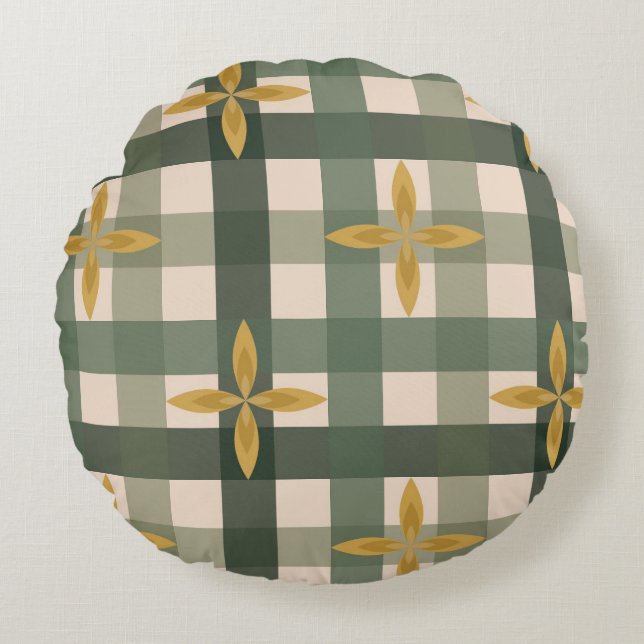 Almohada redonda de gingham verde y hojas (Anverso)