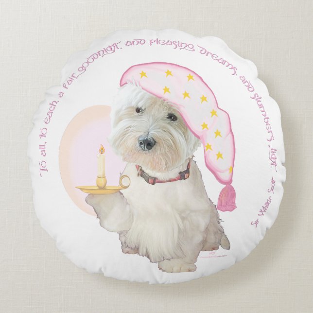Almohada Redonda de Goodnight Westie Rosa con Vela (Anverso)