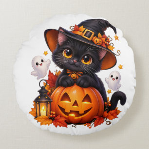 Almohada Redonda de Halloween de Bruja con Gato Ne