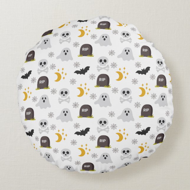 Almohada redonda de Halloween en blanco y negro es (Reverso)