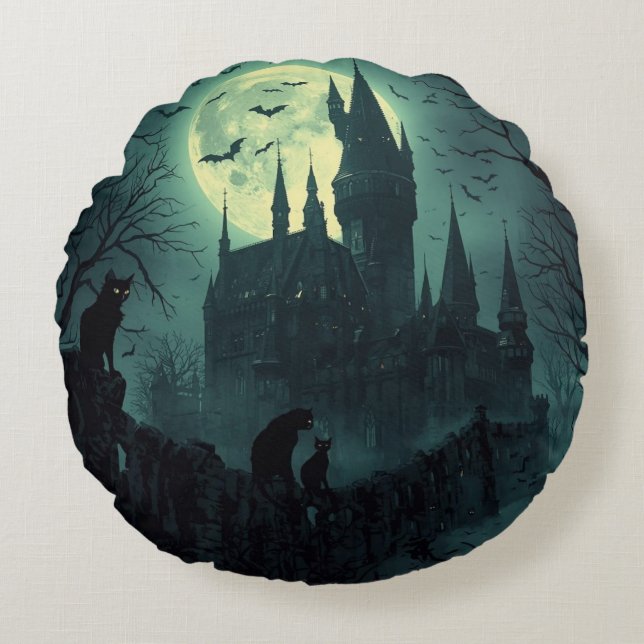 Almohada redonda de Halloween Halloween Castillo d (Anverso)