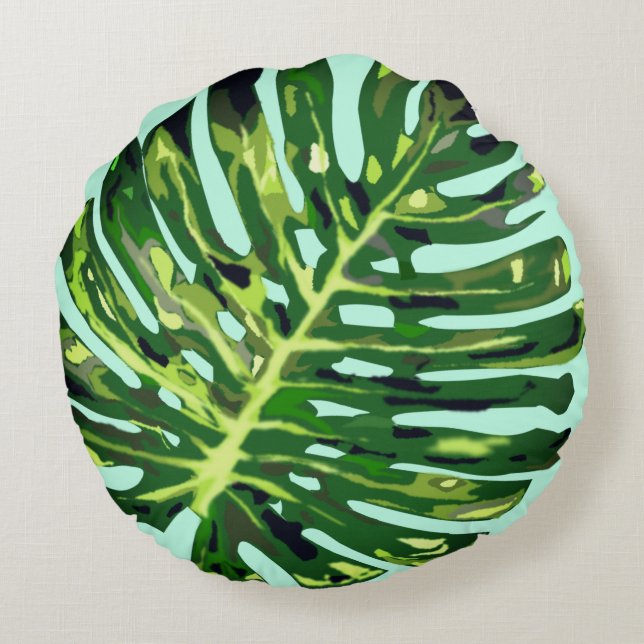 Almohada Redonda de Hoja de Monstera Verde (Reverso)