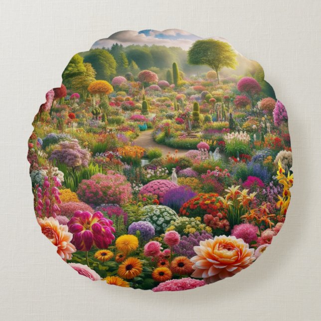 Almohada redonda de jardín de flores de fantasía (Anverso)