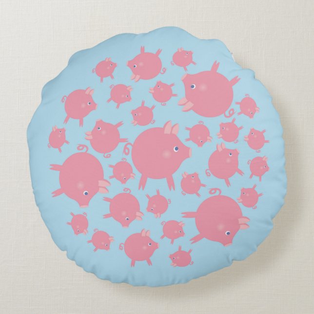 Almohada redonda de la explosión de cerdito (azul) (Reverso)