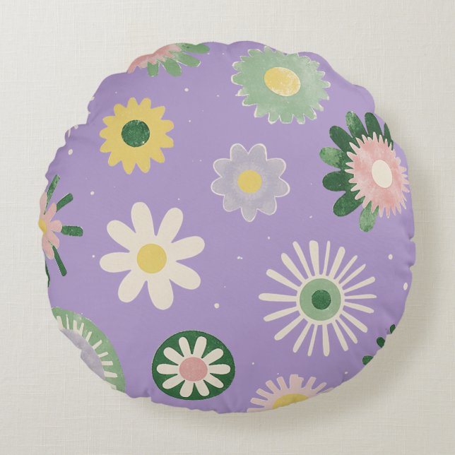 Almohada redonda de lavanda con margaritas (Anverso)