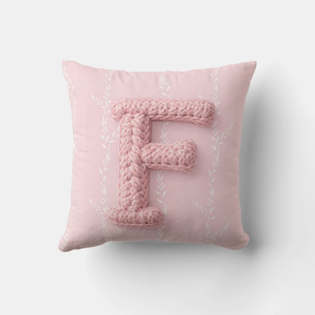 Almohada redonda de letra F tejida al crochet rosa (Reverso )