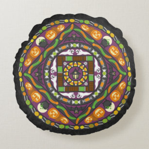 Almohada Redonda de Mandala de Trucos y Golosinas