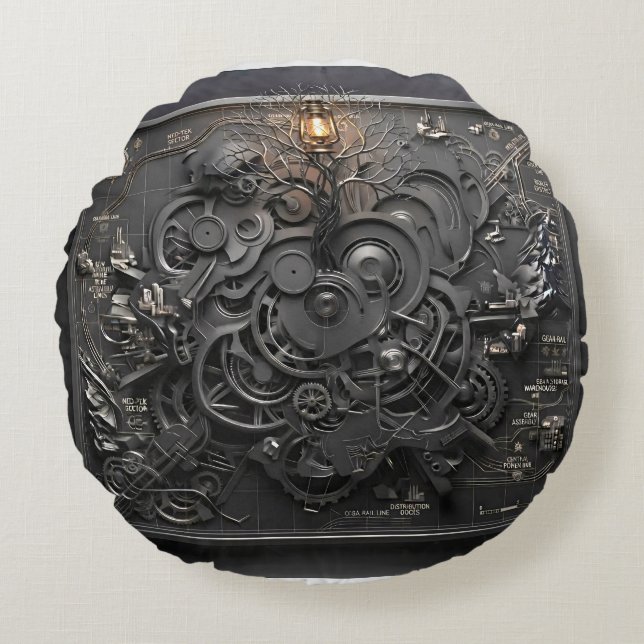 Almohada redonda de mapa mecánico Steampunk (Anverso)