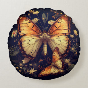Almohada redonda de mariposa negra y dorada