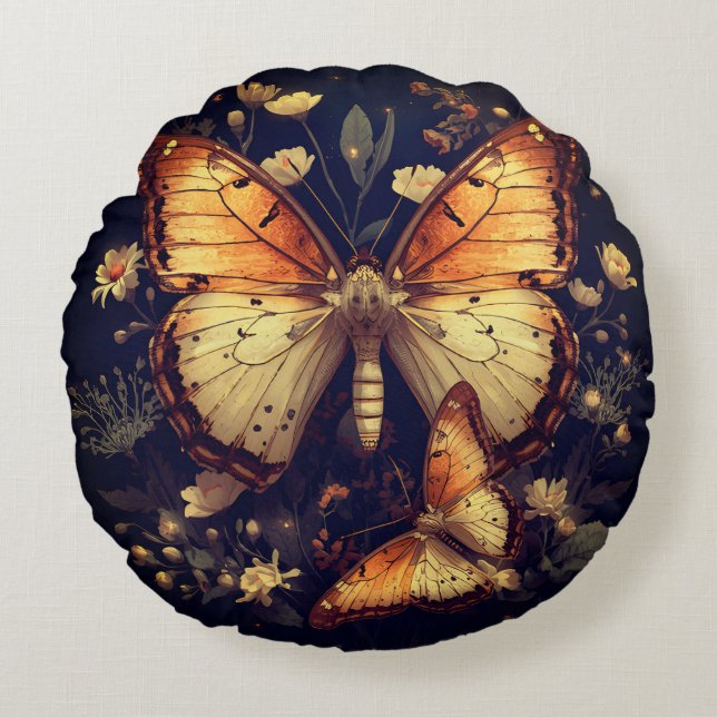 Almohada redonda de mariposa negra y dorada (Anverso)