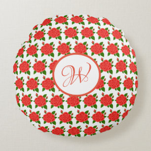 Almohada Redonda de Monograma con Rosas Rojas y Ca
