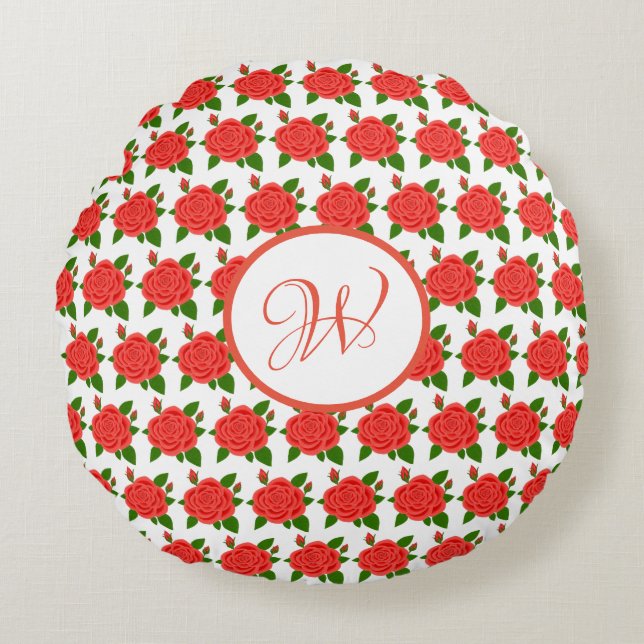Almohada Redonda de Monograma con Rosas Rojas y Ca (Anverso)
