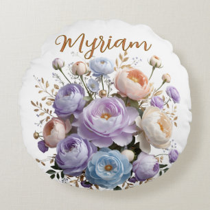 Almohada redonda de monograma de peonía elegante p