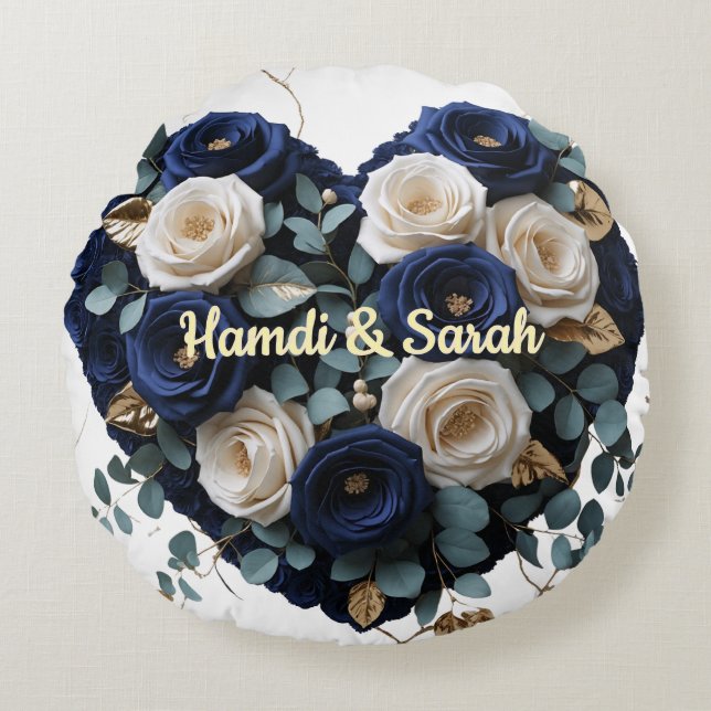 Almohada redonda de monograma floral dorado azul m (Anverso)