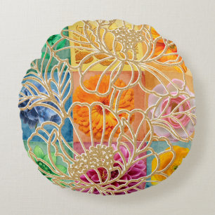 Almohada Redonda de Mosaico Floral Dorado
