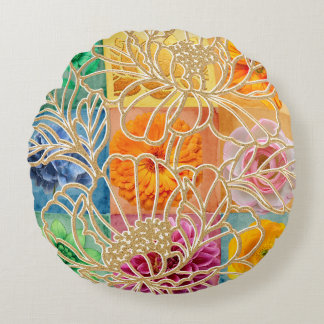 Almohada Redonda de Mosaico Floral Dorado