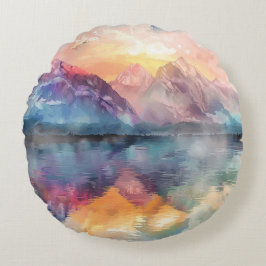 Almohada Redonda de Mountain Reflection: Acuarela