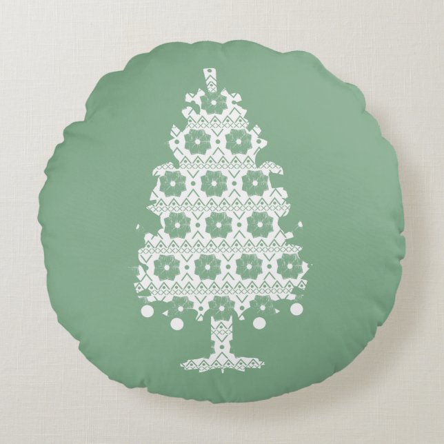 Almohada Redonda de Navidad con Árbol de Punto de  (Anverso)