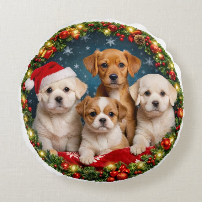 Almohada Redonda de Navidad de Cachorro Adorable (Anverso)