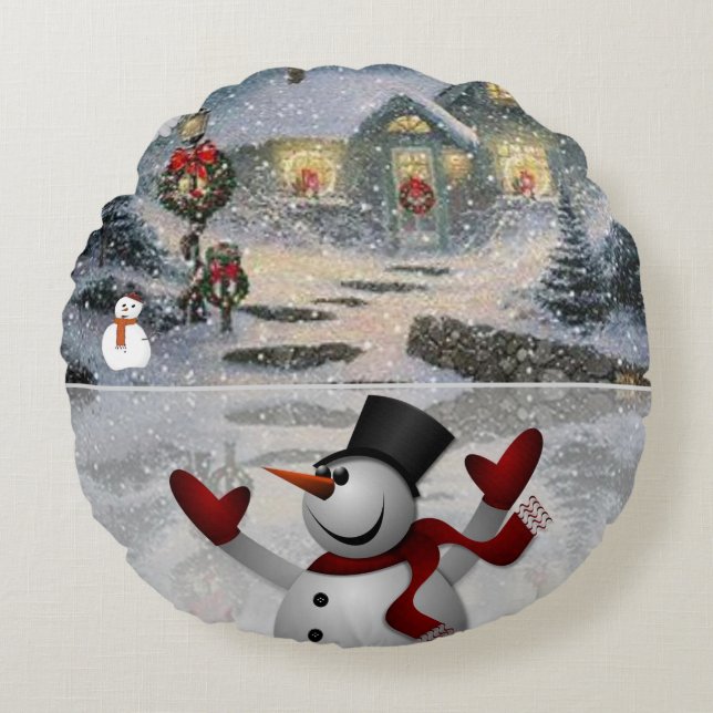 Almohada Redonda de Navidad, Muñeco de Nieve (Anverso)