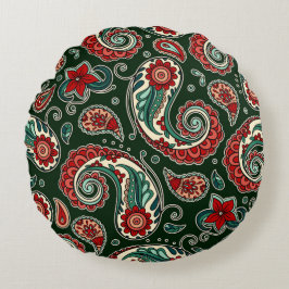 Almohada redonda de paisley rojo y verde